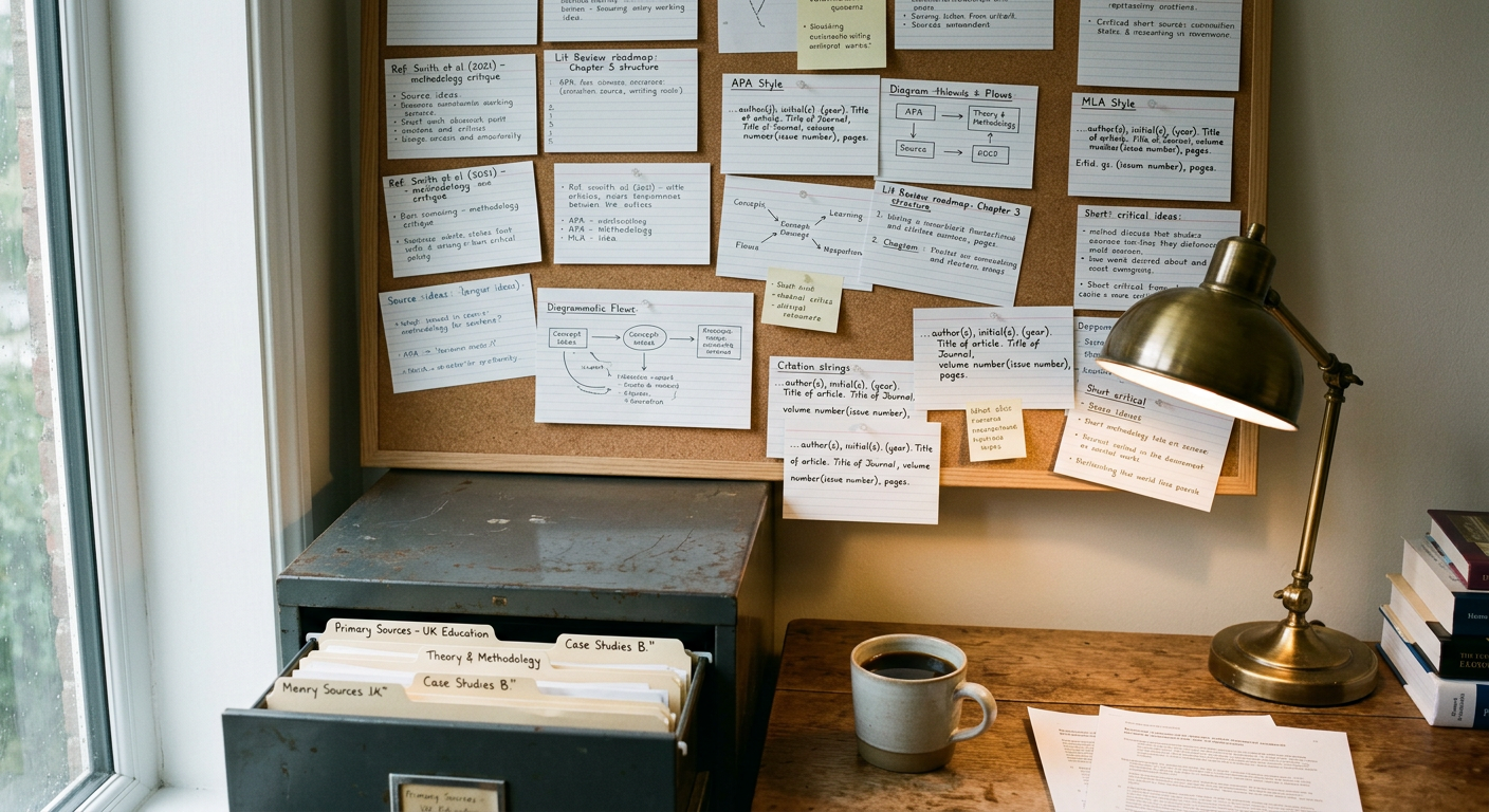 A researcher's workspace featuring a corkboard pinned with index cards and a meticulously organized physical filing system.