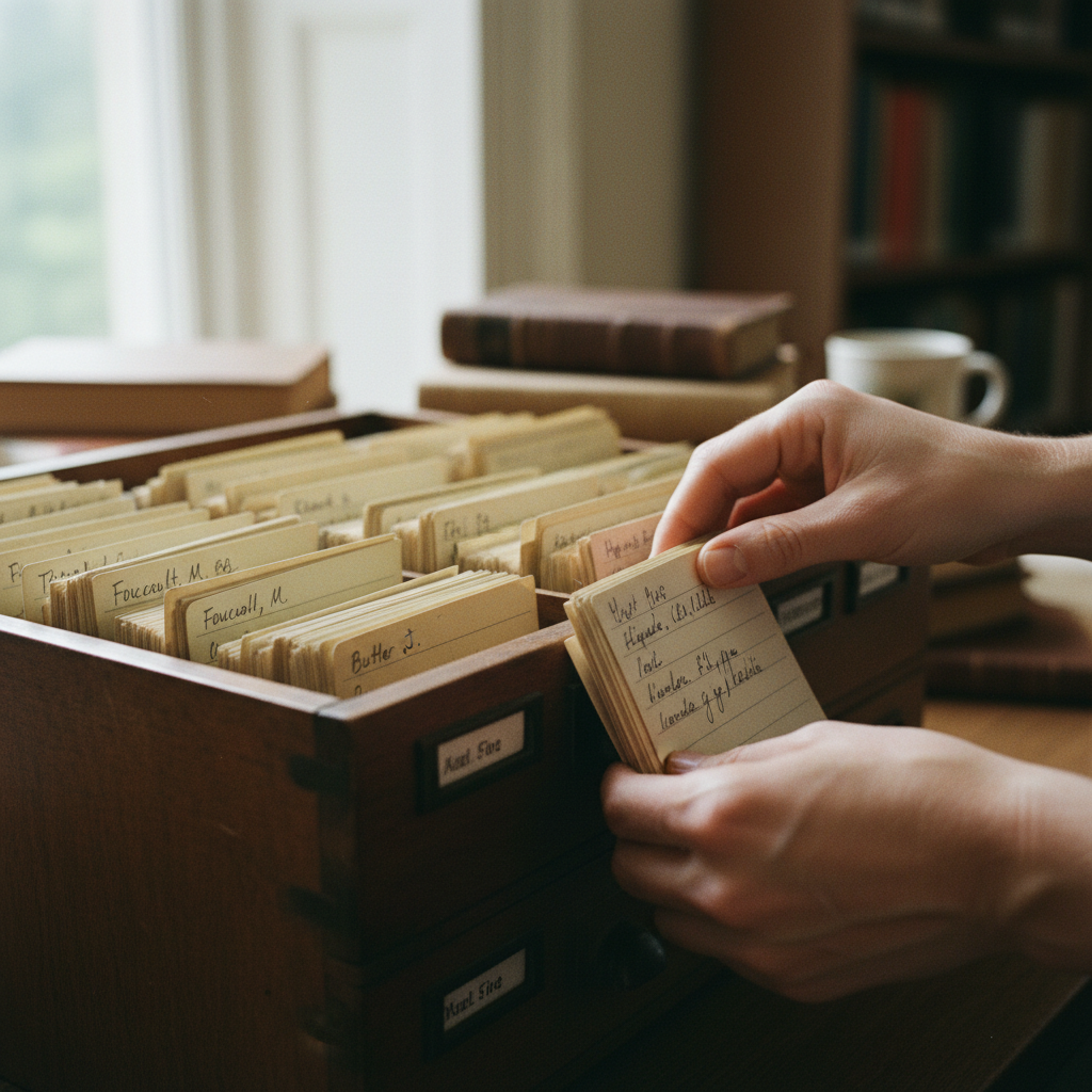 A detailed view of a physical card catalog or filing system.