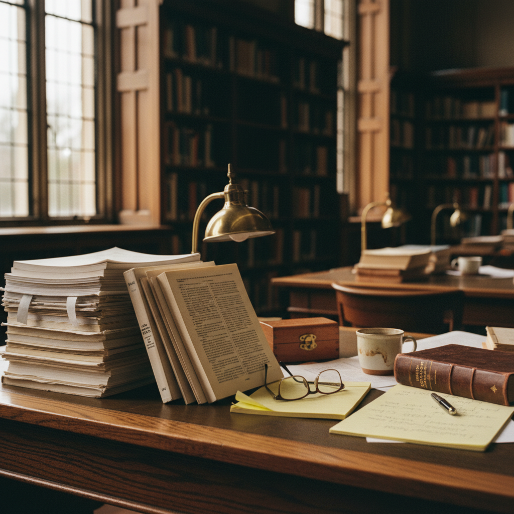 A close-up shot of a researcher's desk with a stack of academic journals and a mechanical pencil.