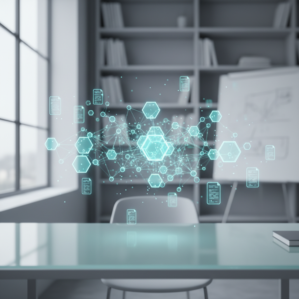 A sophisticated digital architectural blueprint of a research project showing interconnected nodes of data.