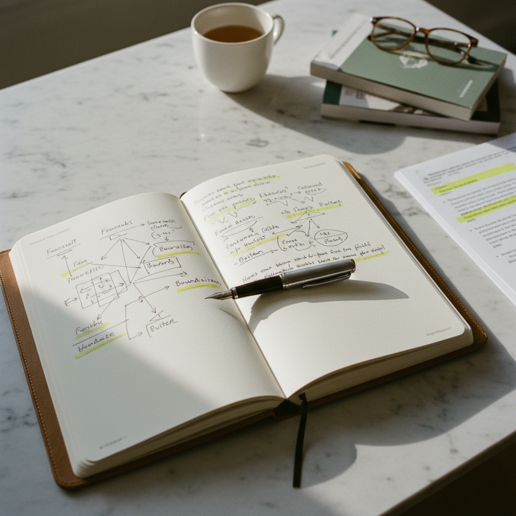 A close-up of a researcher's notebook with complex diagrams and marginalia.