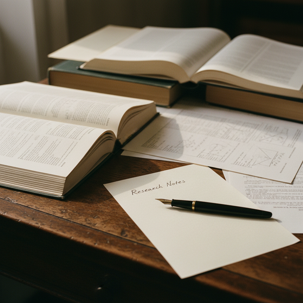 A heavy oak desk covered in open academic journals, a fountain pen, and a stack of manila folders.