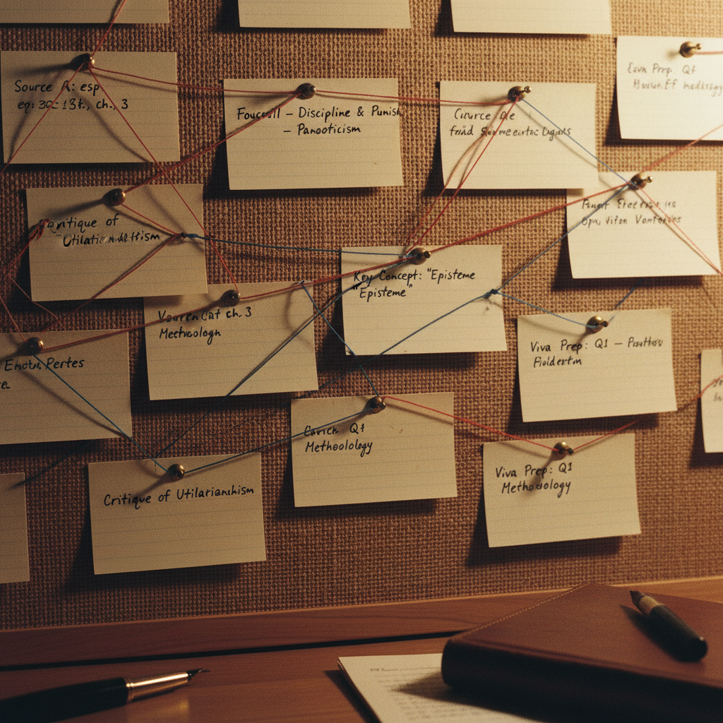 A corkboard with index cards pinned to it, connected by colored strings to show thematic links.