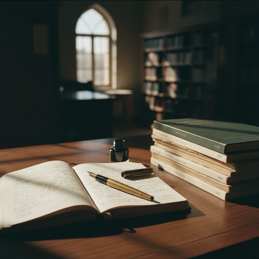 A close-up of a wooden desk with a leather-bound notebook, a fountain pen, and several academic journals stacked neatly.
