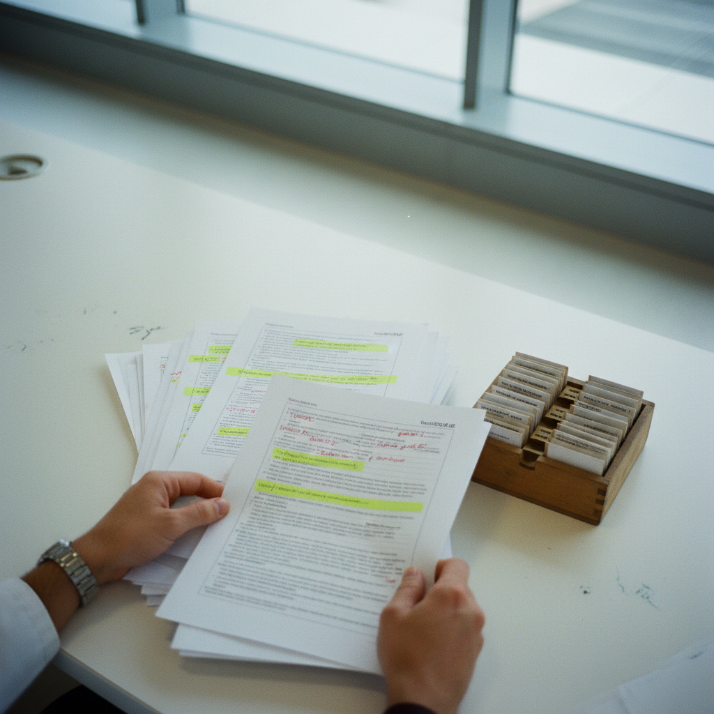 A researcher's hands sorting through various printed research papers and a physical card index.