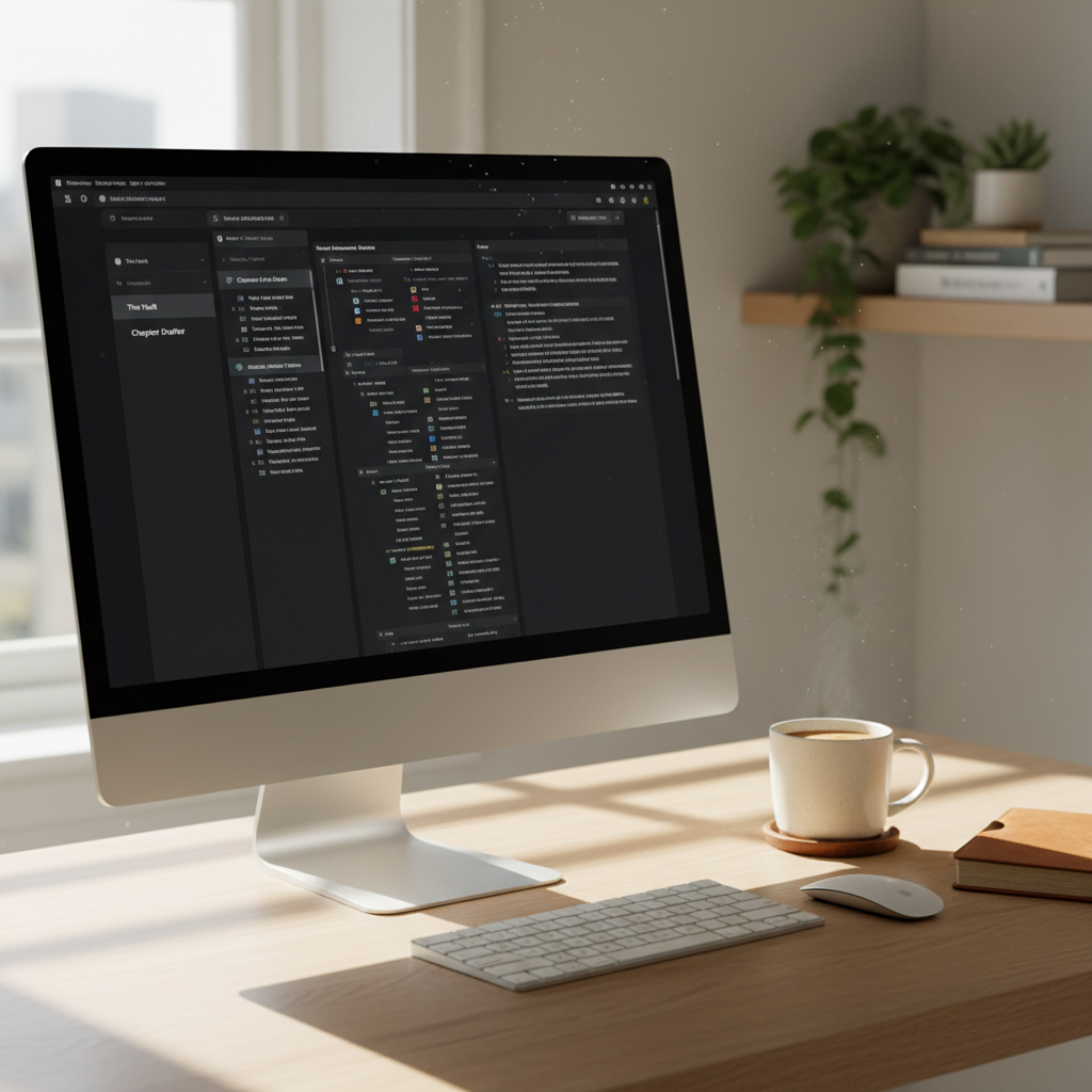 A professional clean workspace with a monitor displaying a complex research interface and a 'Book a Demo' button clearly visible.