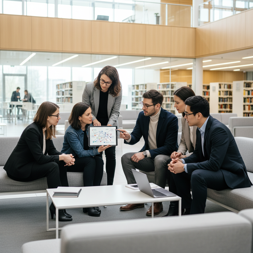 A modern university administrator and a researcher looking at a tablet together in a bright campus library.
