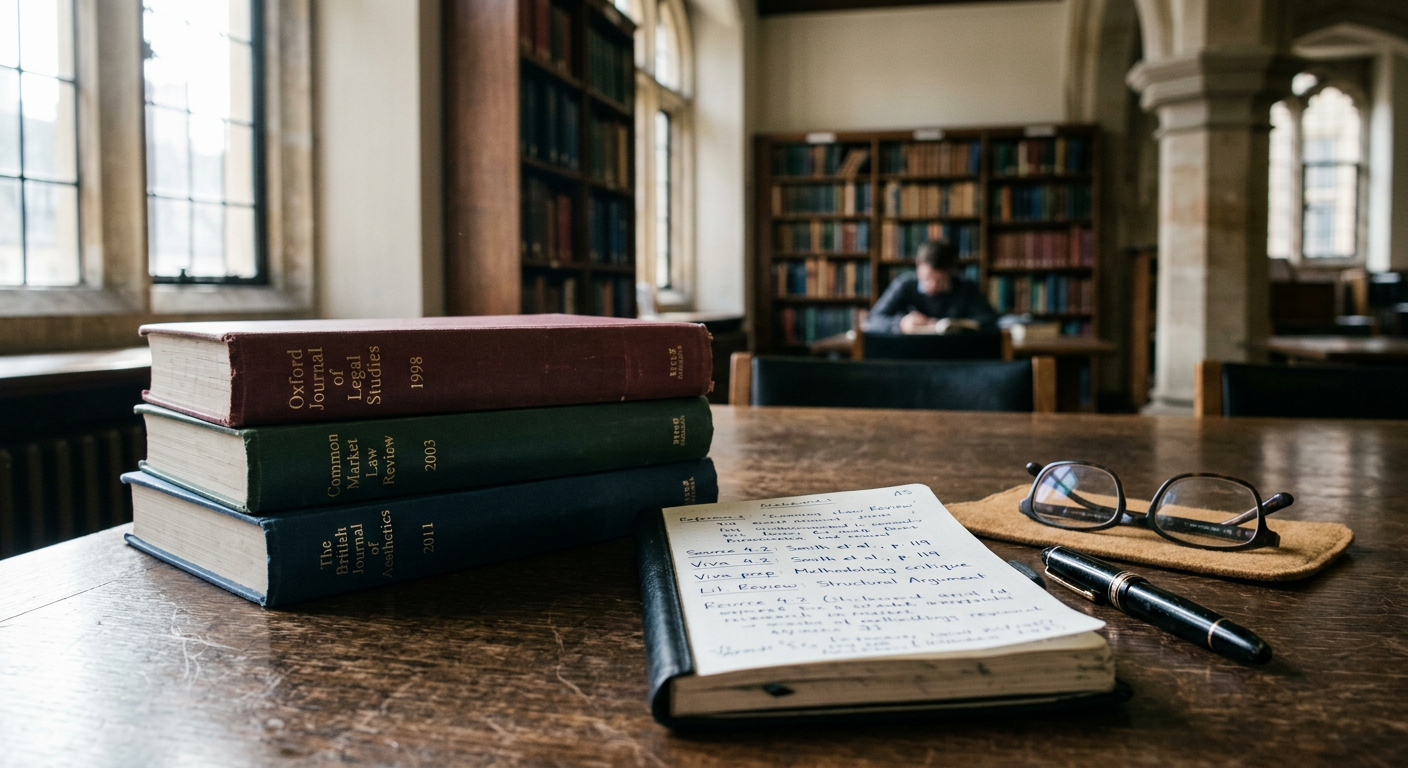 A heavy oak desk in a university library with stacks of academic journals and a single open notebook.