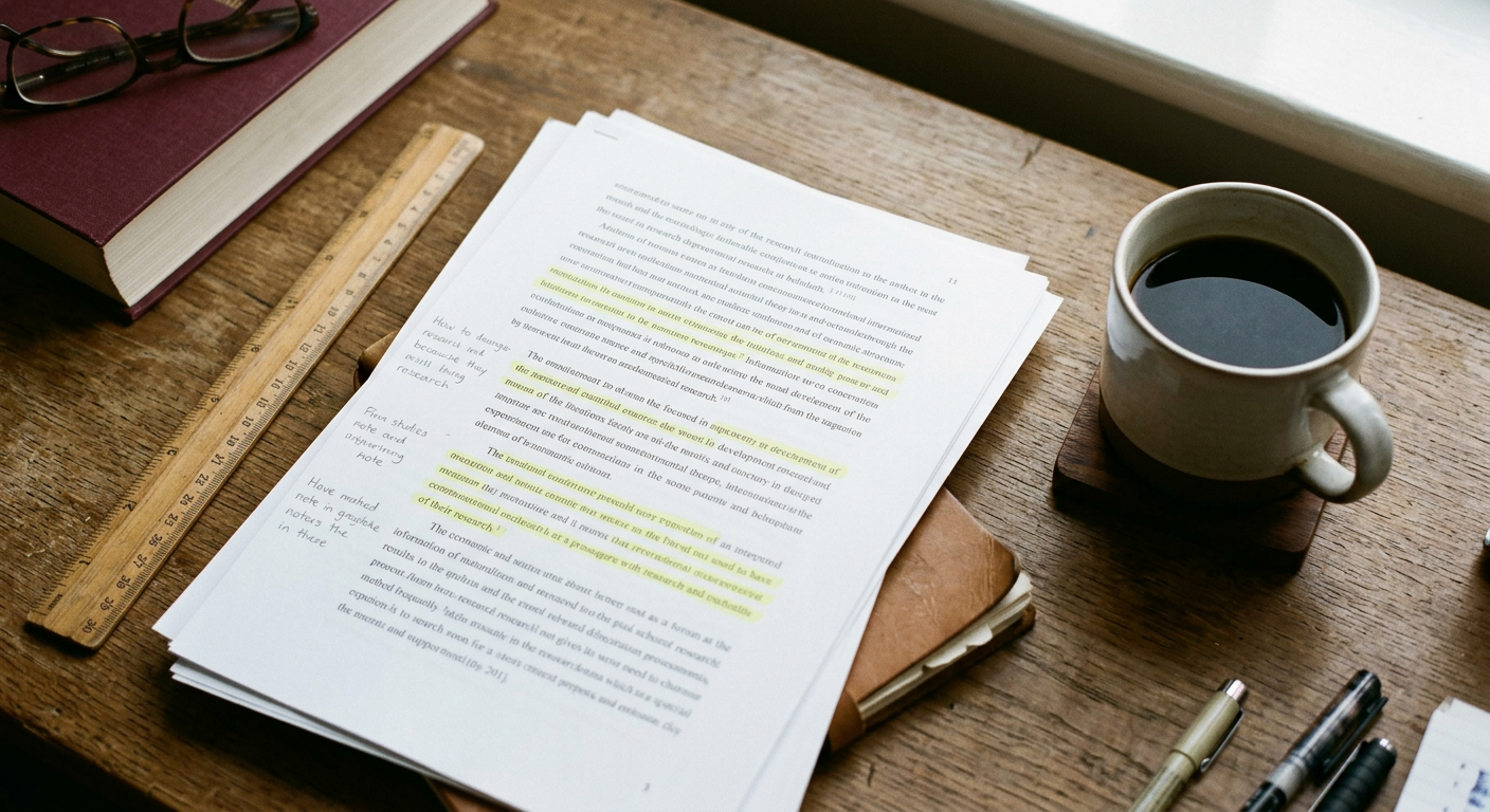 A collection of printed research papers with hand-written annotations on a clean white desk.