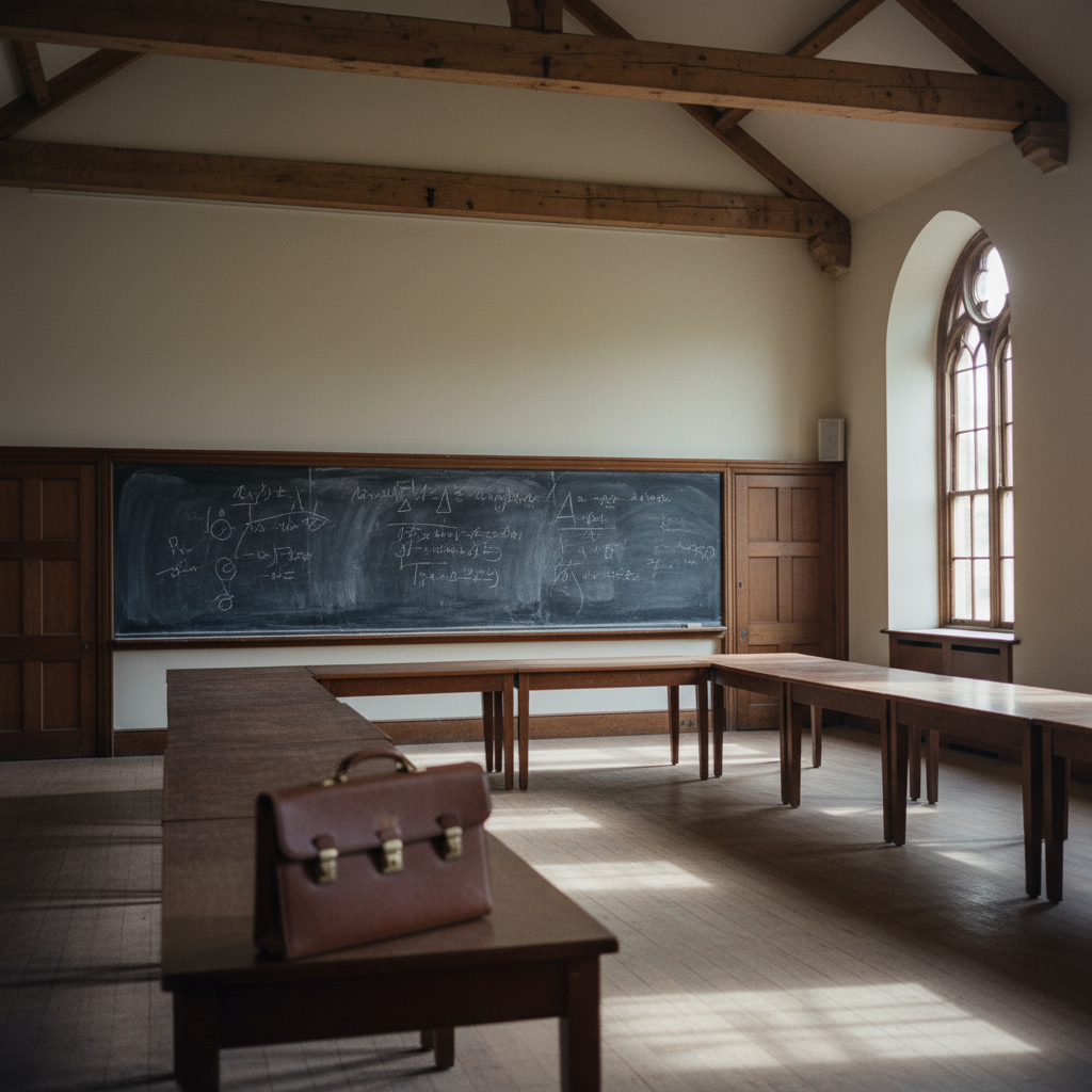 A wide, quiet view of a university lecture hall with wooden seating and a large chalkboard covered in complex notes.
