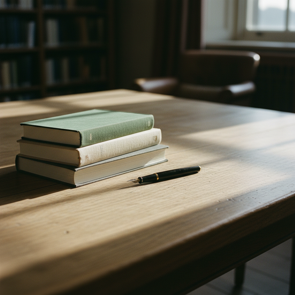 Close up of a vintage desk with a stack of thick academic journals, a fountain pen, and soft morning light hitting the paper.