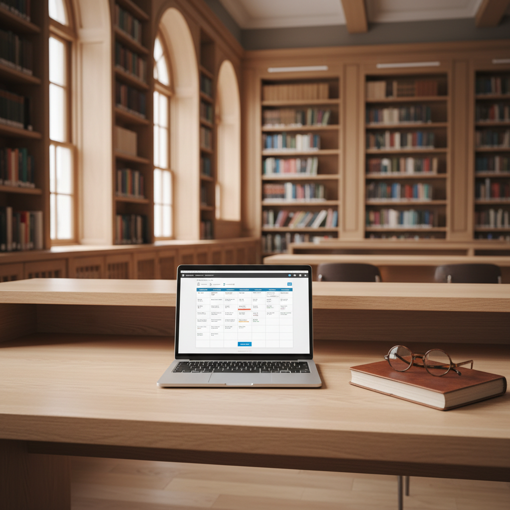 A clean, modern professional workspace with an open laptop showing a sophisticated research dashboard and a calendar for scheduling.