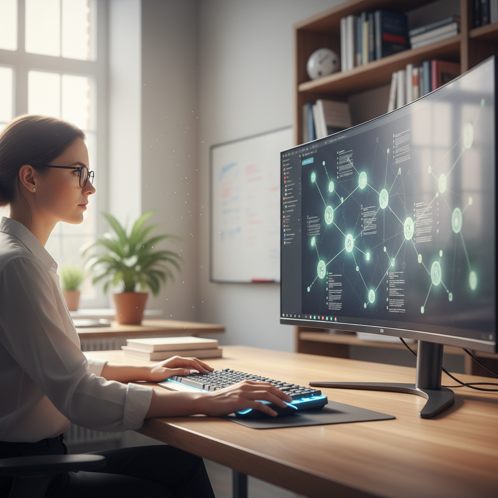 A clean, modern professional office setting with a researcher looking at a high-tech dashboard on a monitor.