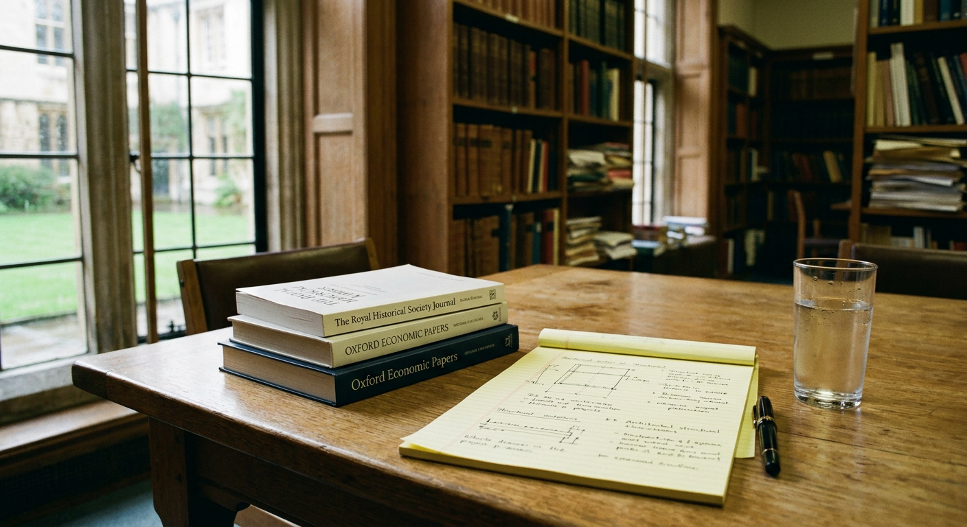 A stack of peer-reviewed journals and a legal pad on a conference table in an old university library.