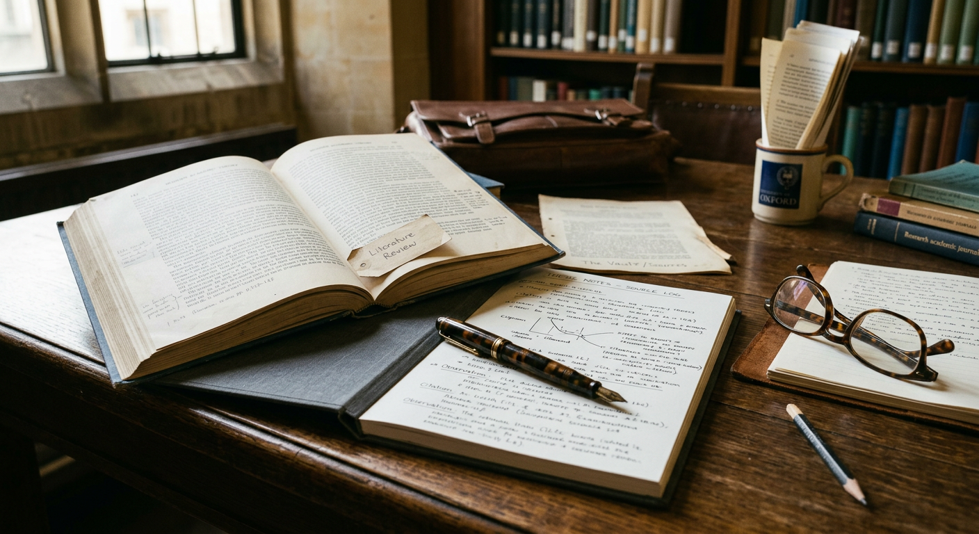 A focused top-down view of a researcher's desk with a thick academic book, a fountain pen, and a minimalist notebook containing handwritten citations.