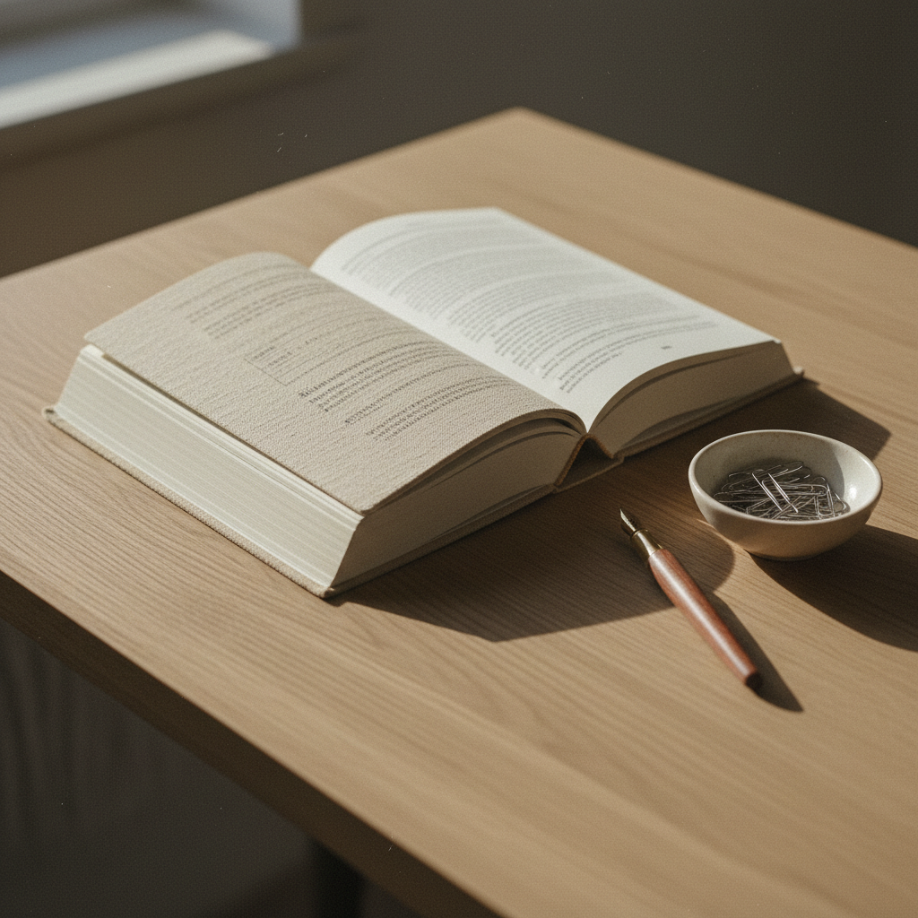 A clean, minimalist university office desk with a leather-bound notebook, a glass of water, and a wooden pen tray under soft morning sunlight.