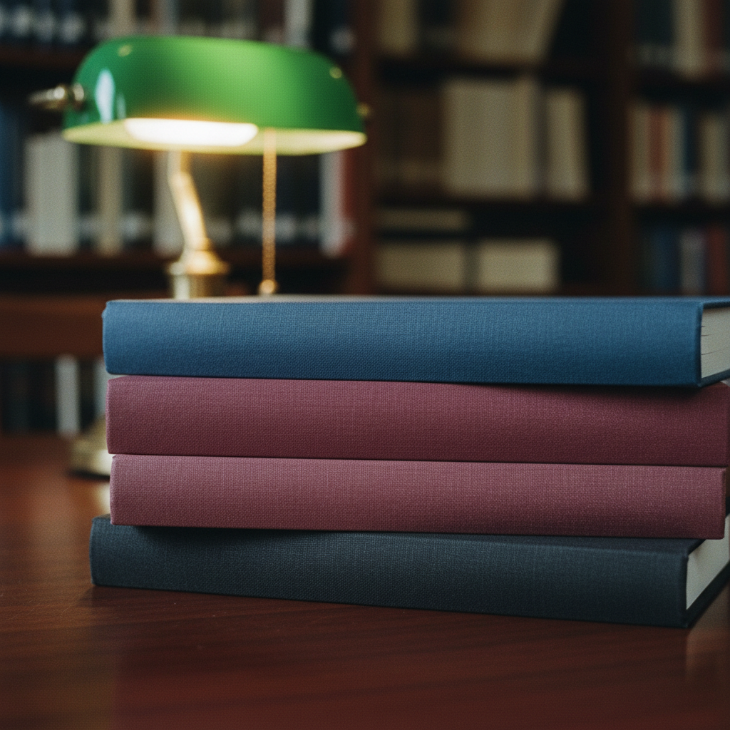 A stack of thick, hardbound doctoral theses in various colors with gold-leaf lettering on the spines, resting on a dark wood library table.