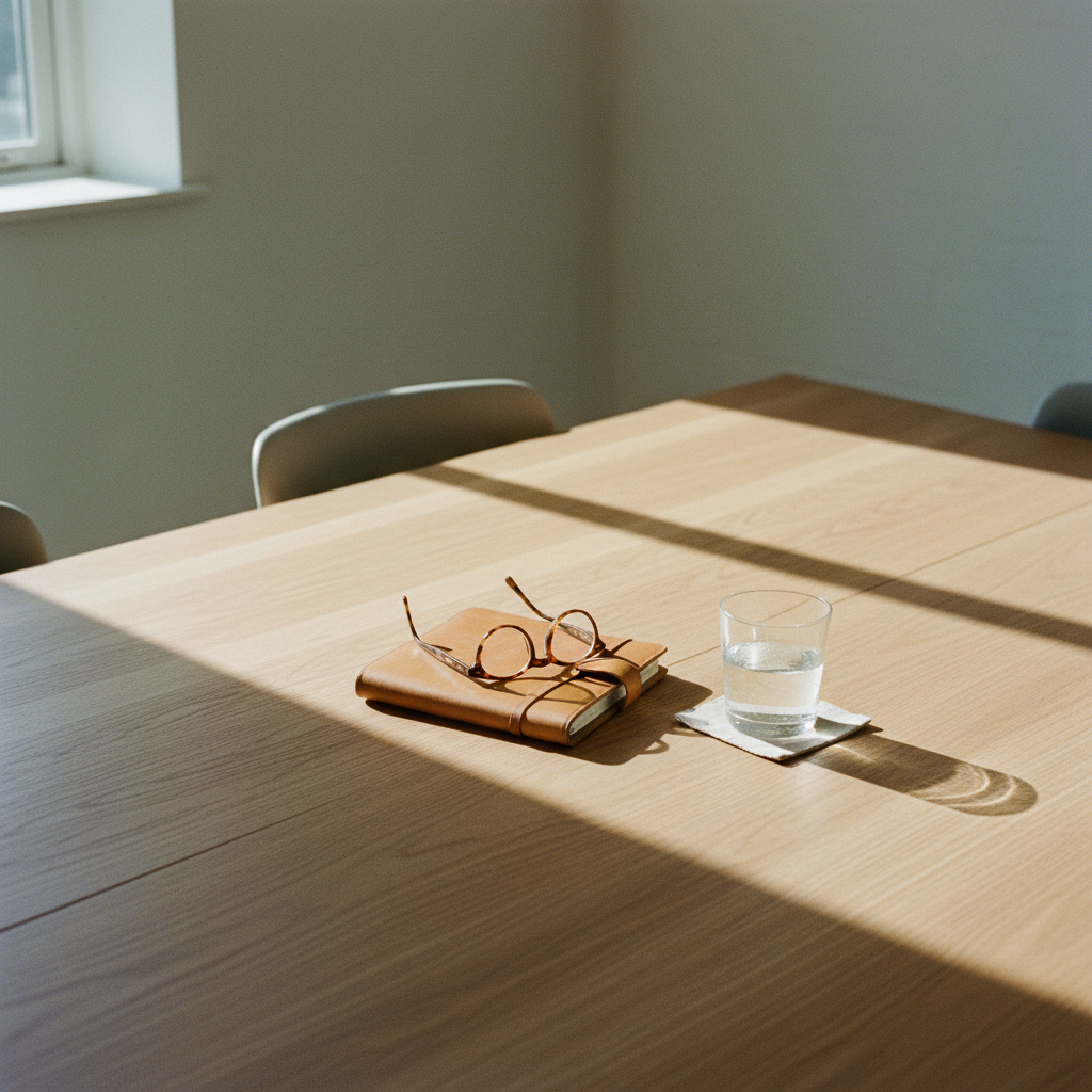 A minimalist meeting room with a large oak table, a single leather notebook, and a pair of spectacles, suggesting a high-level departmental discussion.