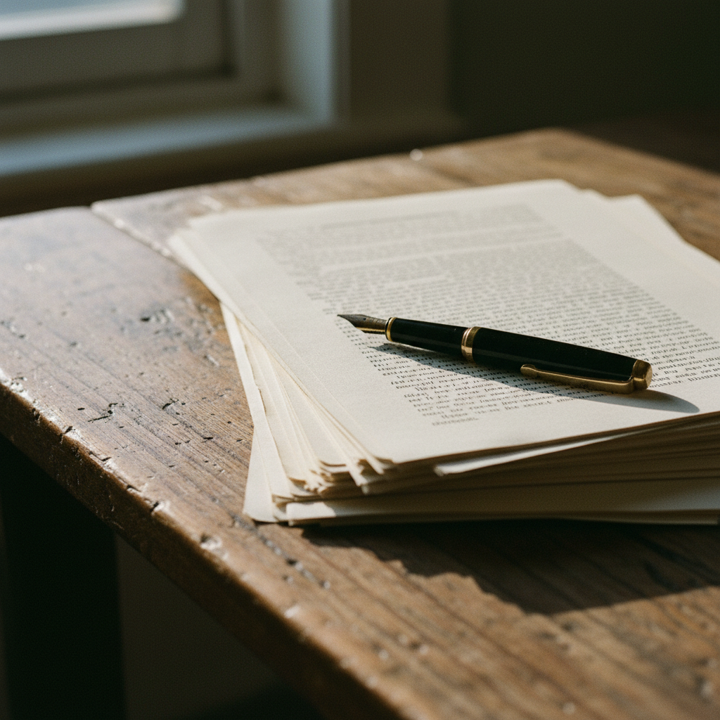 A high-quality close-up of a vintage fountain pen resting on a stack of thick, cream-colored academic manuscripts in a sunlit university office.