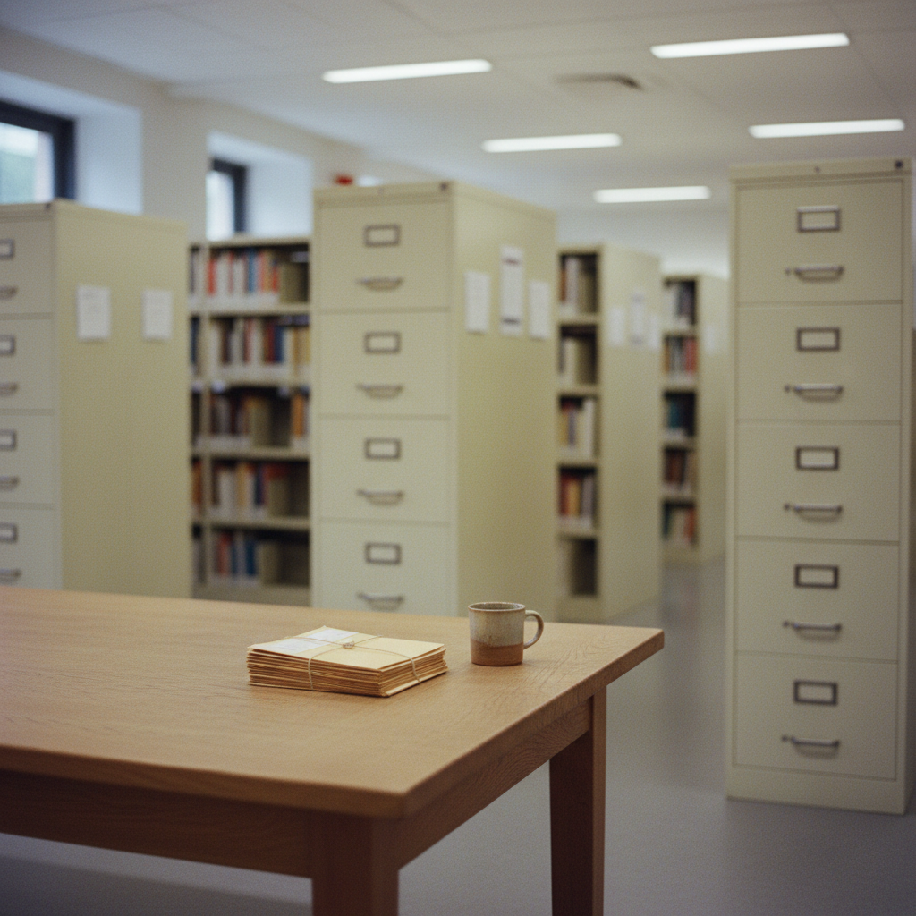 A clean, minimalist archive room with rows of neutral-toned filing cabinets and a single wooden table.