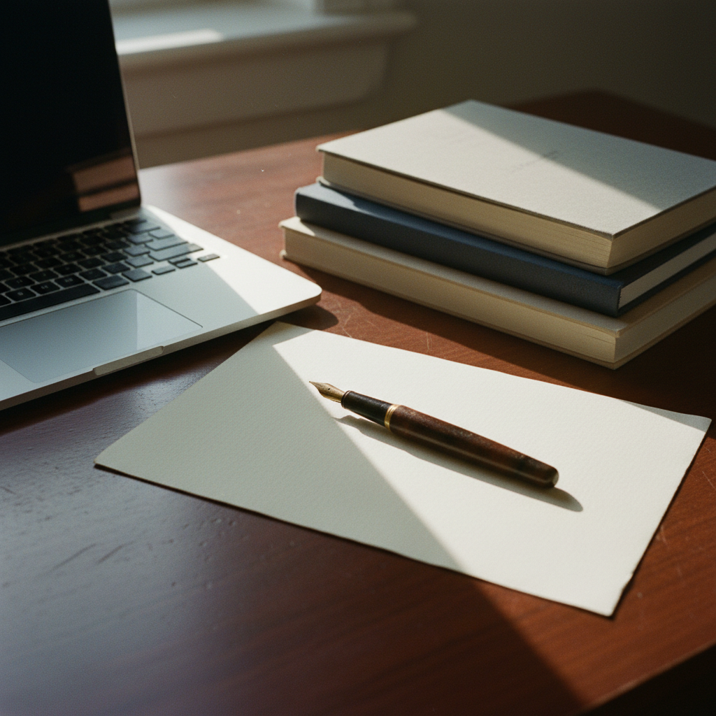 Close-up of a high-quality leather-bound notebook next to a modern silver laptop on a mahogany desk.