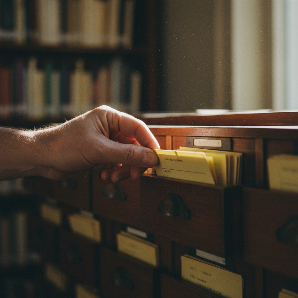 Close-up of a hand sorting through heavy catalog index cards in a library drawer.