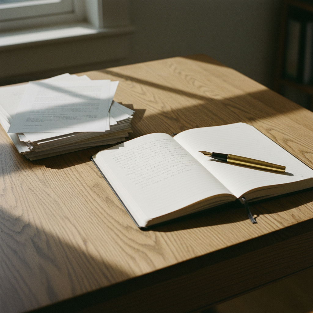A minimalist wooden desk with a stack of academic journals, a fountain pen, and a singular notebook under soft morning light.