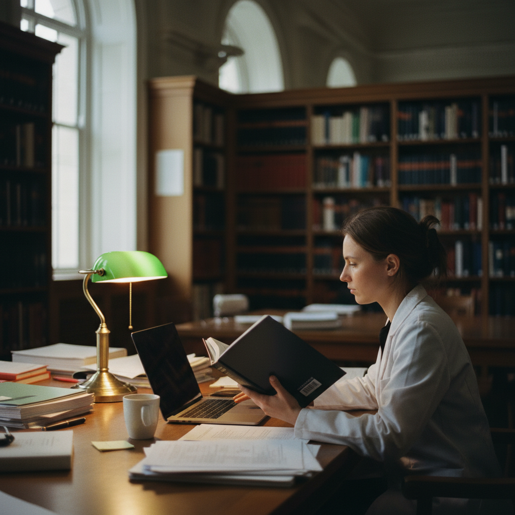 A focused doctoral student reviewing printed citations and cross-referencing them with a modern laptop in a quiet library setting.