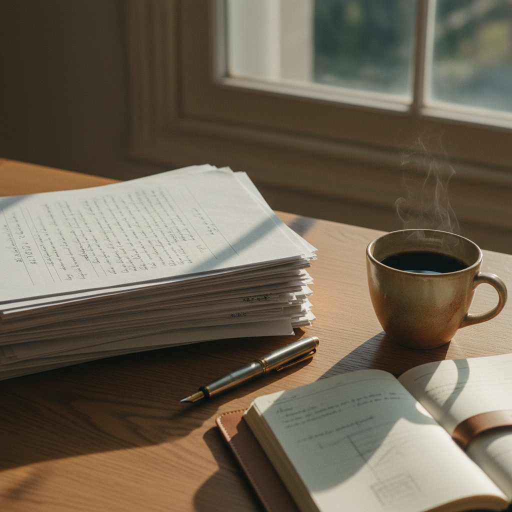 A clean, organized wooden desk in a Mexican university study, featuring a stack of academic journals, a pair of glasses, and a ceramic mug of coffee.