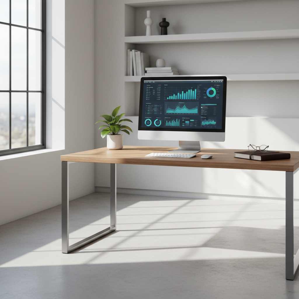 A modern academic workspace with a high-end computer showing complex data visualizations and a notebook.