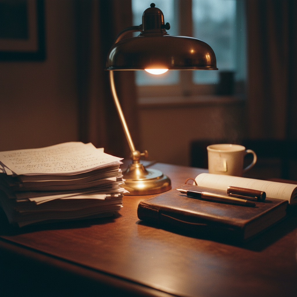 A weathered mahogany desk with a stack of academic papers, a brass lamp casting a warm glow, and a fountain pen resting on a notepad.