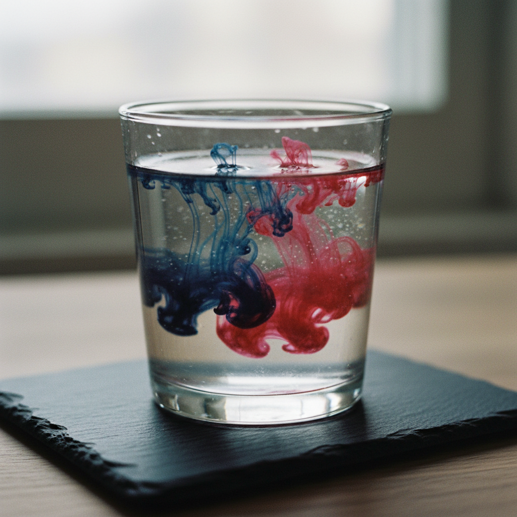 Two different colored inks—deep blue and vibrant red—mingling in a clear glass of water, symbolizing the synthesis of ideas.