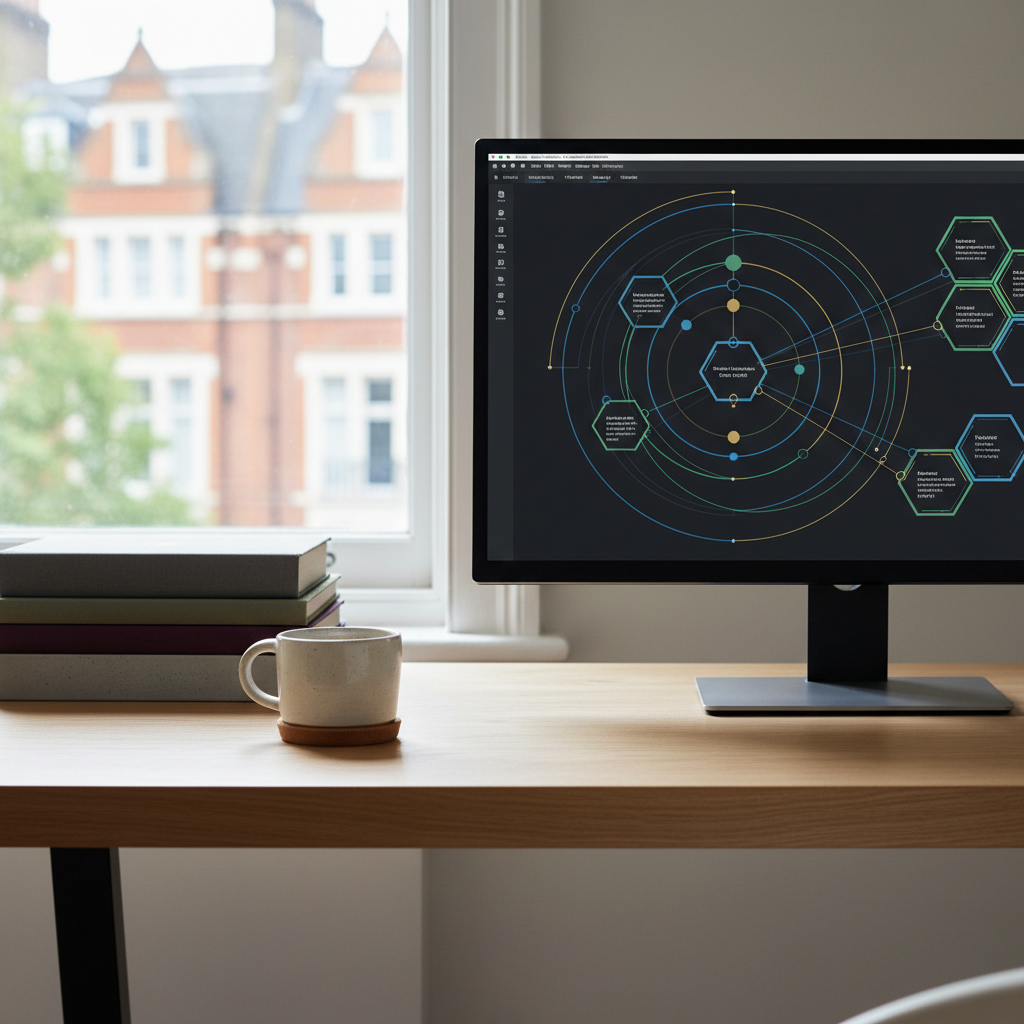 A high-end modern workstation with dual monitors displaying complex research synthesis software.