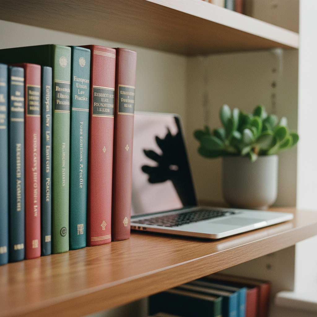 An organized shelf of legal and academic reference books in a university office.