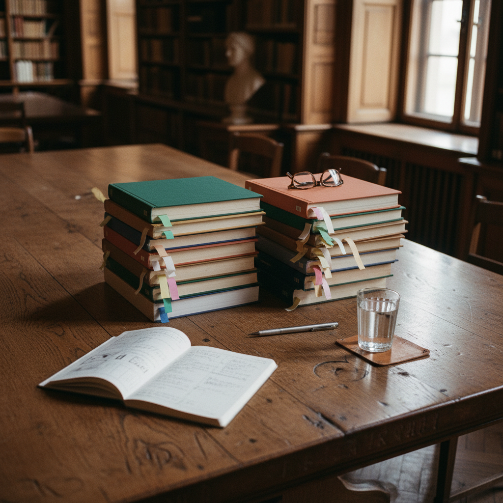 A close-up of a wooden desk with a stack of academic journals and a vintage fountain pen.