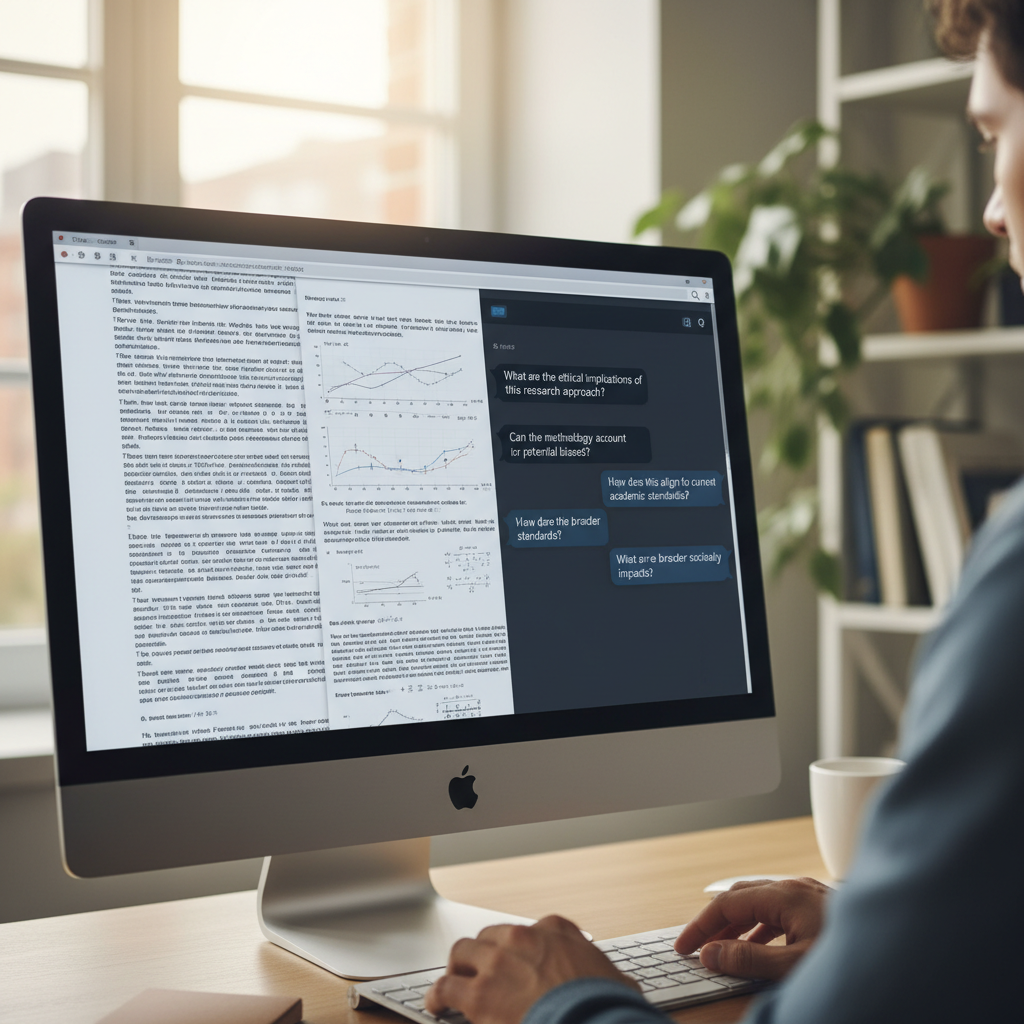 A conceptual visualization of an AI interface analyzing a thesis document for potential questions.