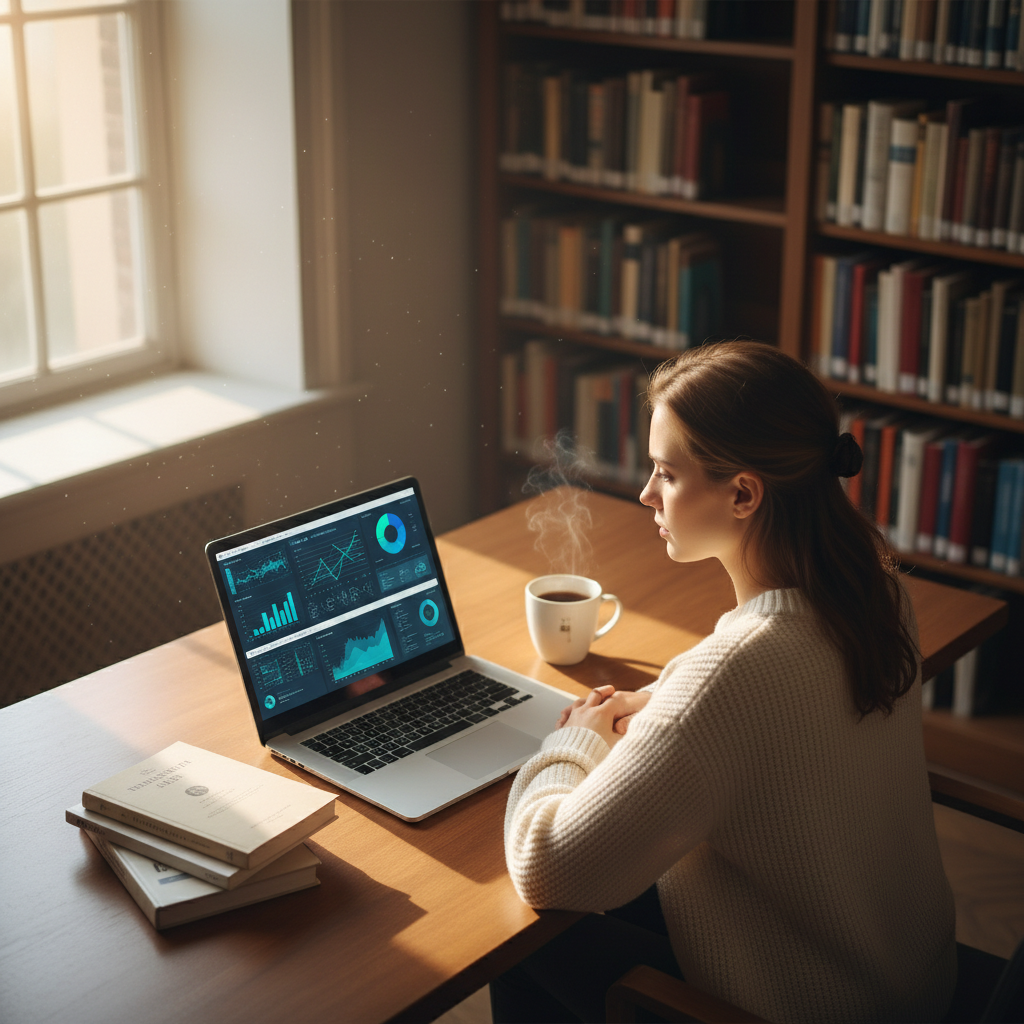 A focused researcher sitting at a tidy desk with a laptop, looking confident and prepared.