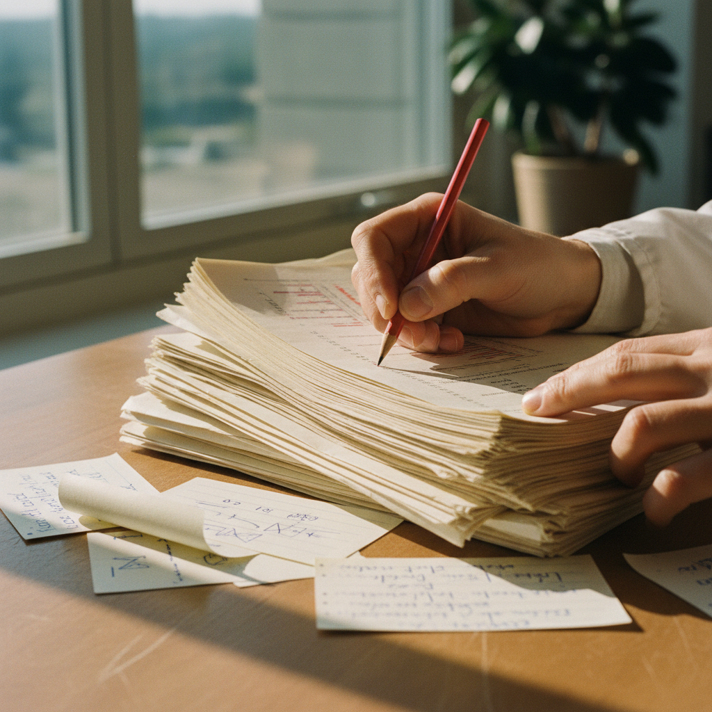 Close up of a researcher's hands marking a manuscript with red ink and scattered index cards.