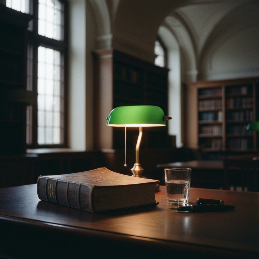 A dark wooden desk with a stack of bound thesis papers, a vintage glass of water, and a single focused lamp light.