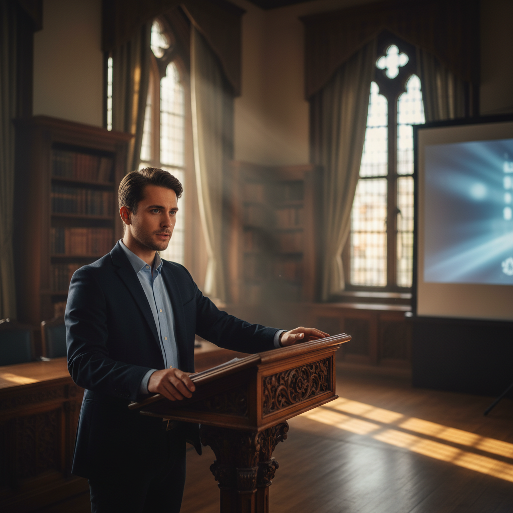 A doctoral student practicing a thesis defense in a professional university setting.