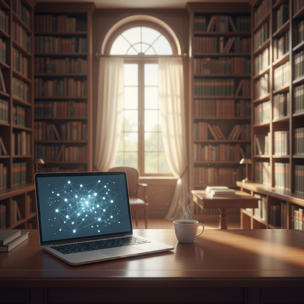 A wide shot of a modern, minimalist research workspace with a glowing digital interface displaying structured data nodes.