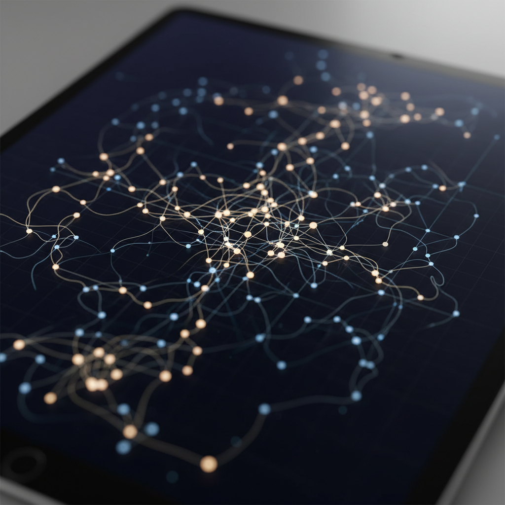 An abstract digital visualization of interconnected golden lines representing data flow and knowledge mapping.