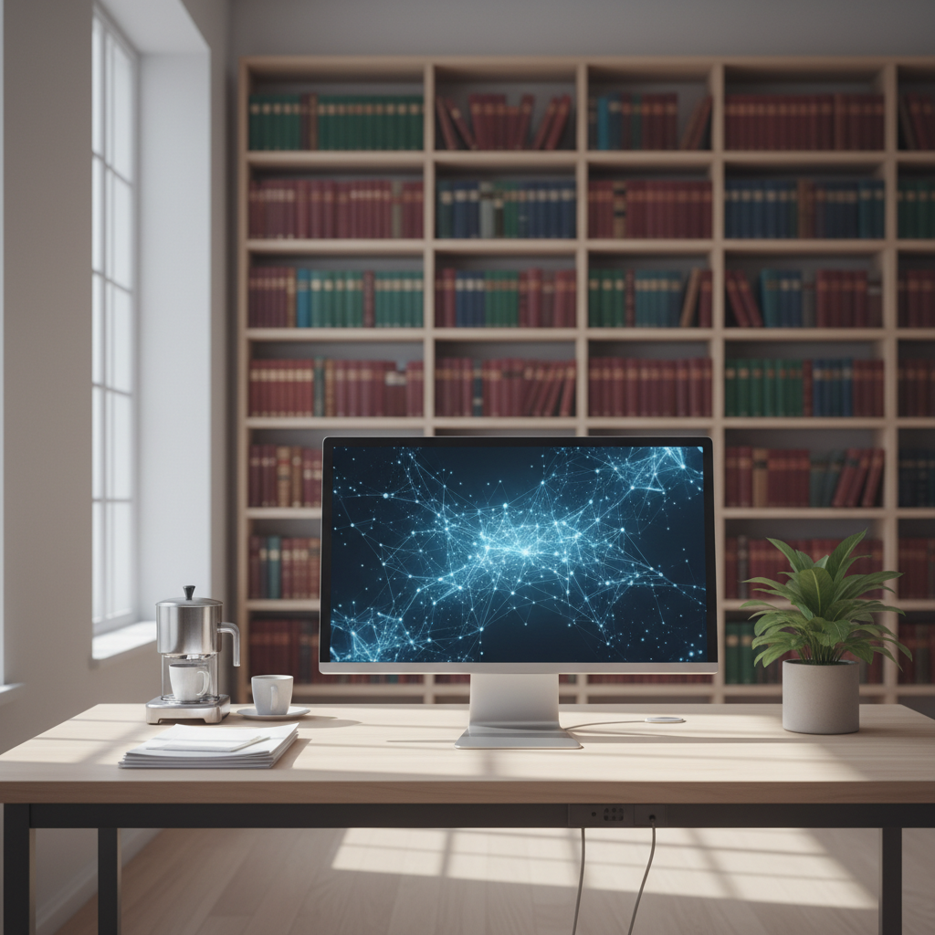 A lone researcher sitting at a desk surrounded by towering stacks of books and papers, looking calm while using a sleek modern computer terminal.