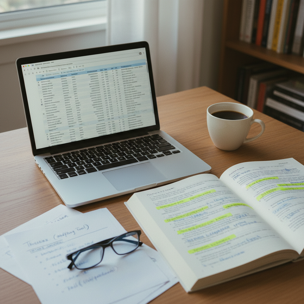 A close-up of a graduate student's desk with an open laptop showing a data extraction table, a printed academic paper with highlighted sections, and a cup of coffee.