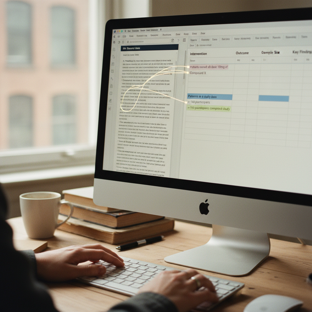 A screen showing an AI tool extracting structured data from a research paper, with columns for 'Methodology' and 'Sample Size' being populated.
