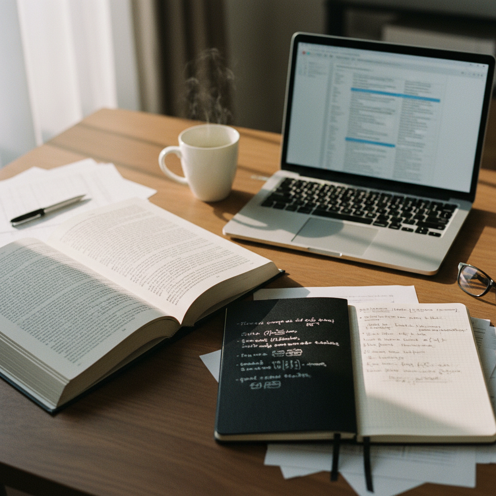 A close-up of a student's desk with an open textbook, a Moleskine notebook with handwritten notes, and a laptop displaying a research paper.
