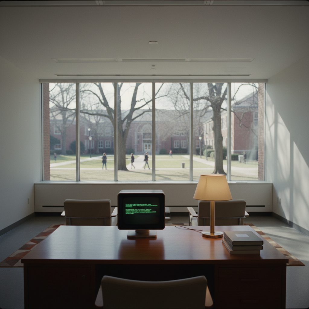 A futuristic, minimalist home office in the 1970s style with a clean desk, a compact computer terminal showing code, and organized stacks of books.