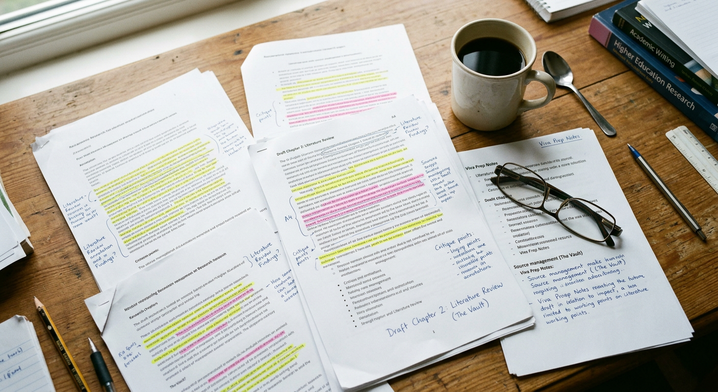 A neat workspace with several highlighters, a cup of black coffee, and scattered printed PDF research papers with handwritten marginalia.