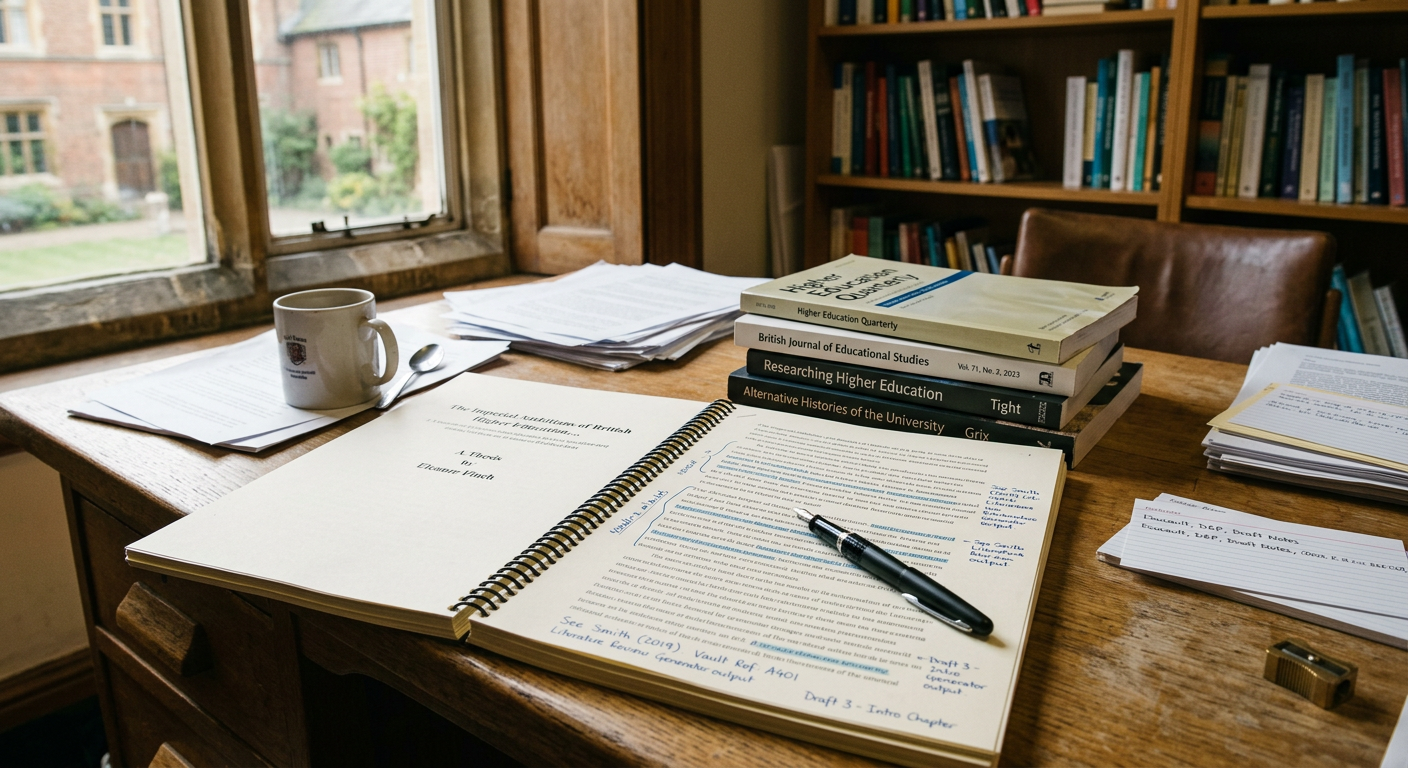 A heavy wooden desk featuring a thick printed thesis manuscript, a vintage fountain pen, and a stack of academic journals in soft afternoon light.