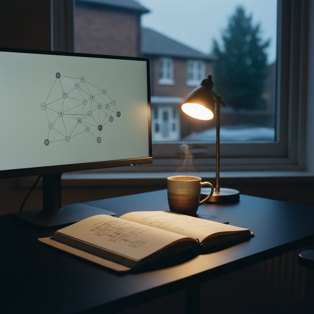 A clean, minimalist workspace featuring a high-quality monitor displaying a complex citation map and a notebook filled with analytical diagrams.
